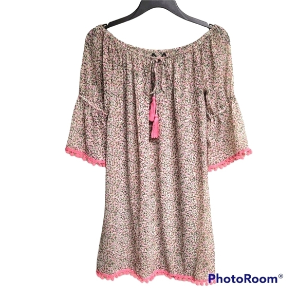 America & Beyond Sheer Floral Off Shoulder Boho Beach Cover Up Mini Dress Small - Picture 1 of 7